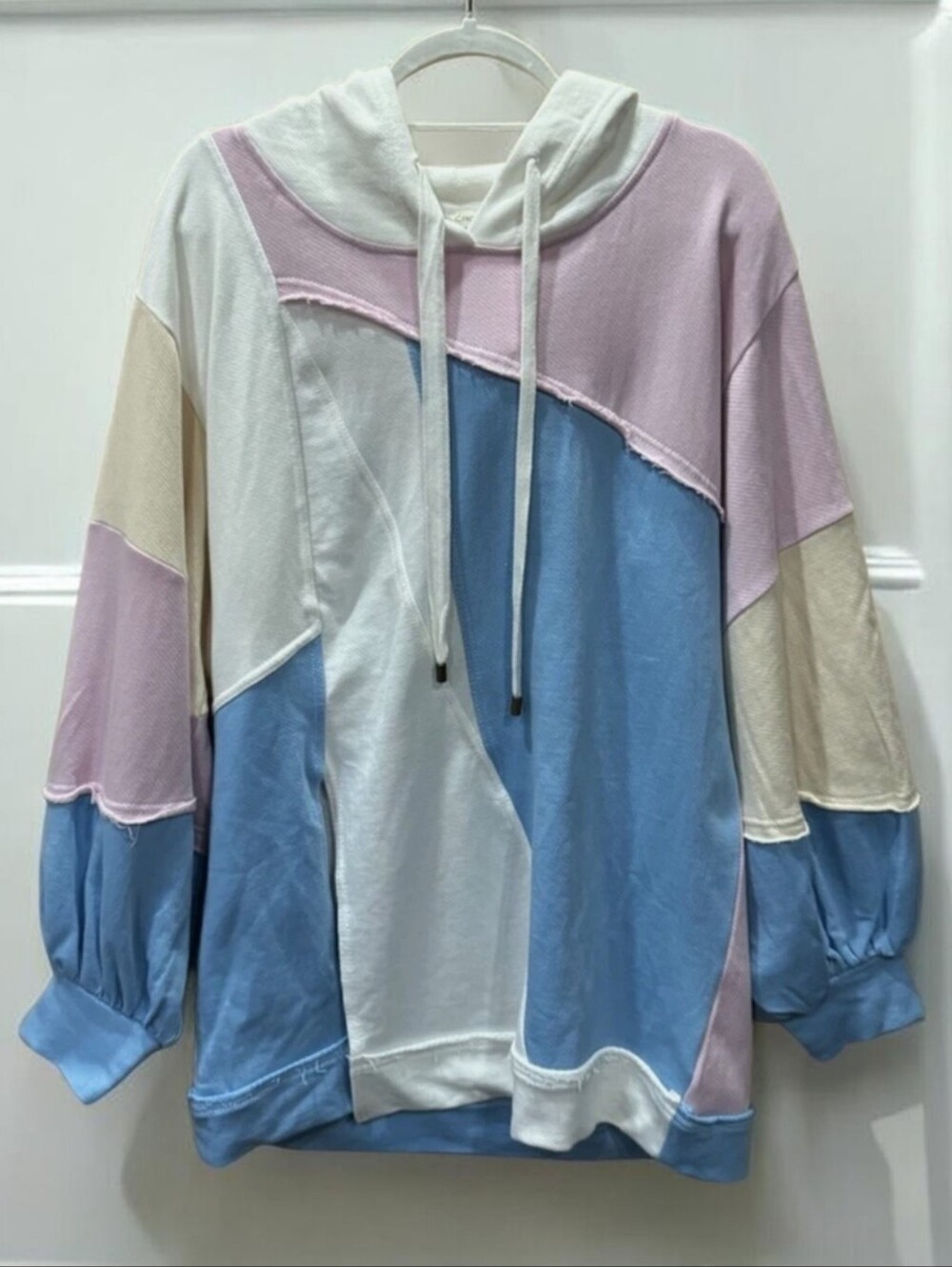 Anthropologie Pilcro Patchwork Hooded Sweatshirt Blue Pink Yellow White XL